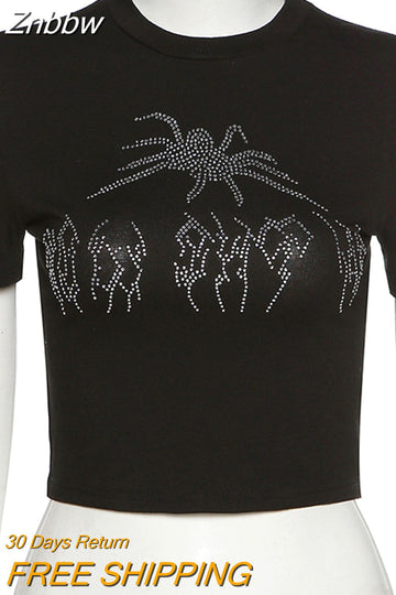 Znbbw Punk Vintage Rhinestone Spider Rhinestone Bling Graphic Short Sleeve Tshirts O-neck Crop Top Harajuku Navel Slim Vest Ins